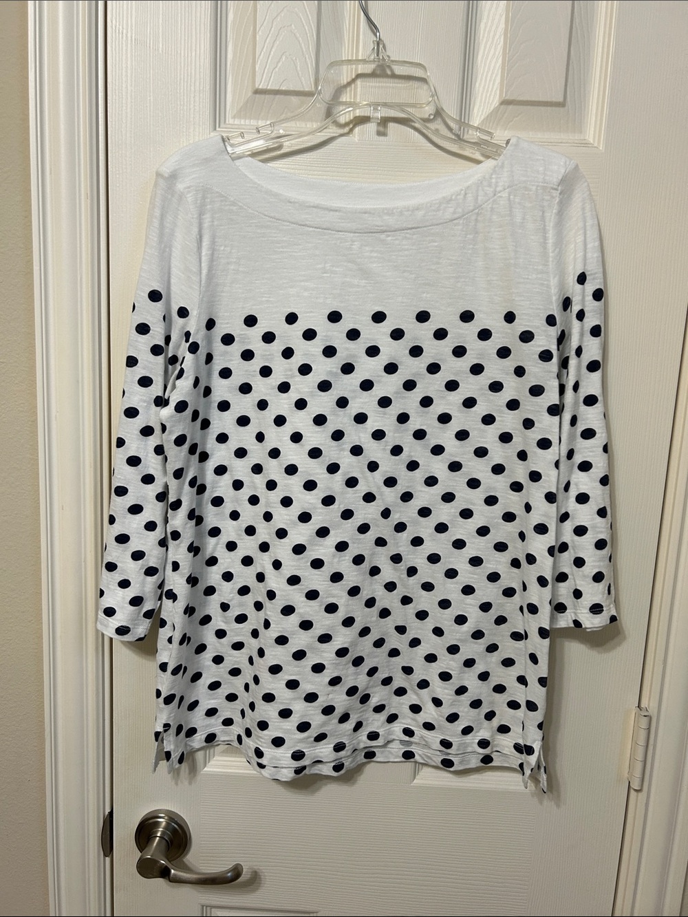 LOFT White and Navy Polka Dot Long Sleeve Top